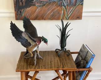 Vintage Bamboo Dude Table With Wood Top, Original Oil Painting Featuring Male Mallard Duck In Flight