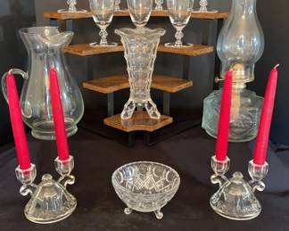 2 SETS OF TIFFINFRANCISCAN GOBLETS, IMPERIAL GLASS DOUBLE LIGHT CANDLESTICK HOLDERS,ART DECO ROCKET