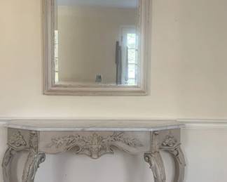  02 FRENCH BAROQUE OR ROCOCO STYLE DEMILUNE CONSOLE TABLE AND CARVED WOOD SHELLMOTIF WALL MIRROR
