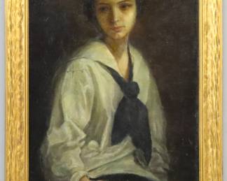 An early 20th century oil on board portrait of a woman.  Depicted half length, seated wearing a White blouse with a loosely knotted Black scarf and a Black skirt.  Monogrammed and dated "CPJ 1915" right of the midground, purportedly a portrait of Martha Baessler.  Craquelure, surface grunge, several small flakes noted toward the bottom, and several small indentations noted along the top.  Board 21 x 34 1/4" high, in a Gilt wood frame with some wear, 26 1/4 x 39 1/4" high overall.  