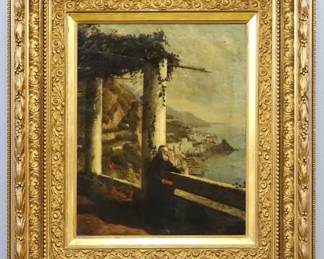 George Thompson Hobbs, American, 1846-1929.  A late 19th century oil on canvas image of the Capuchin Monk of Amalfi.  Signed and dated "George Thompson Hobbs 1878" lower right, with "Amalfi and Convent of Capucians [sic] Geo Thompson Hobbs 78" verso, retains a "Eitel Bros. Milwaukee" label verso on stretcher.  Surface grunge and craquelure.  Image 15 1/2 x 19 1/2" high, in an ornate Gilt wood and gesso frame with some damage and losses, 28 1/4 x 32 1/4" high overall.  