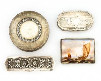 Four 19th to early 20th century European Sterling and .900 Silver miniature boxes.  Includes two English Sterling boxes, one with enameled porcelain insert at the lid depicting a harbor scene, a circular French Sterling box, and Spanish .915 Silver box.  Each with Dutch or Spanish hallmarks.  5.82 troy ozs total.  Some surface wear and very minor denting.  Up to 3 1/4" long.   NOTE: From the estate of Bill & Barbara Shulhof of Saginaw, Michigan.