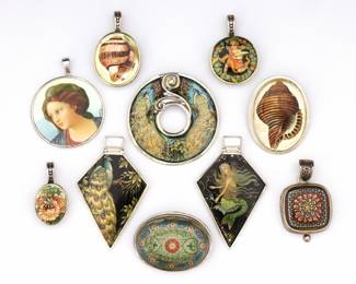 Ten vintage Russian Sterling Silver lacquer necklace pendants.  Various forms with enameled miniatures set in Sterling Silver frames.  Eight signed by the artist, each pendant marked "925" or "Sterling".  Unworn, very slight wear.  Up to 2 1/2" high.  