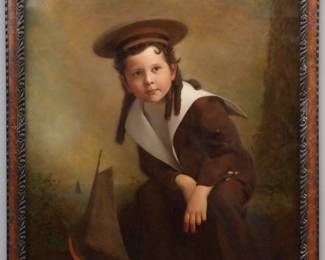 Albert J. Purdy, American, 1835-1909.  Oil on canvas genre scene entitled "The Little Sailor" depicting a young boy in a sailor's suit launching his pond yacht.  Signed and dated "A J Purdy, 1899" lower left.  Medium overall craquelure, small surface abrasions.  Image 31 1/2 x 41 1/2", in a carved frame 36 1/2 x 46 1/2" high overall.  