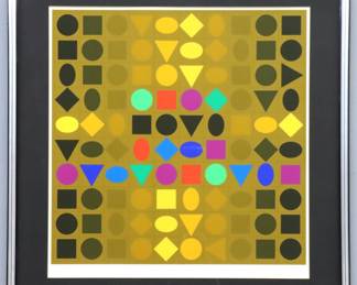 Victor Vasarely, Hungarian/French, 1906-1997.  A serigraph on paper entitled "Sorbonne", 1973.  Depicts various shapes in multiple colors.  Signed "Vasarely" lower right, numbered "378/425" lower left.  Minor rippling.  Image is 24 x 24" high, in a contemporary Black and Silver wood frame with some wear and minor losses, 32 3/8 x 33 1/4" high overall.  