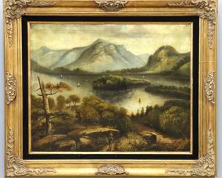 A 19th century oil on canvas Hudson River landscape.  Depicts a mountainous landscape centered by a lake, that is dotted with numerous sailboats, and a fisherman returning with his bounty in the foreground.  Craquelure, several small indentations to the canvas, some small paint losses, some rippling noted to the canvas and some surface grunge.  Canvas is 30 x 24" high, in a modern Gilt wood frame with some losses, 39 x 33" high overall.  