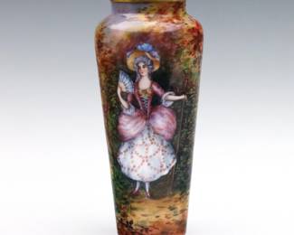 A 19th century French enameled Copper portrait vase.  Tapered form with hand-enameled scenic decoration depicting a lady wearing an elaborate Pink dress with a fan and hat standing before a forested landscape.  Signed by the artist "Gamet / France".  Minor surface wear.  7 1/4" high.   NOTE: From the estate of Bill & Barbara Shulhof of Saginaw, Michigan.