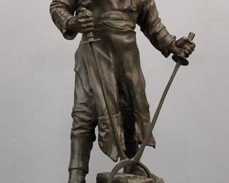 Friedrich Johann Reusch, German, 1843-1906. Late 19th century Bronze figure entitled "Siegerland Steelworker" (1893) depicts a German steelworker with tongs and a steel bar.  Presented on a Gold/Black Egyptian marble plinth.  Signed "F Reusch" with "R. Sachs, Berlin" foundry mark and Brass presentation plaque verso "To my beloved Daddy, Edith, Christmas 1927".  Original patina with minor wear.  27 3/4" high overall.  
