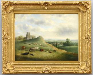 George Jackson, British, active c. 1830-1864.  A mid 19th century oil on canvas pastoral landscape with cows and sheep resting atop a hill with their shepherd and his dog, with a village in the distance.  Signed and dated "G. Jackson 1860" at the lower right, retains a "John Hanna Galleries Detroit" paper label verso.  Craquelure, some losses to paint with in-painting along edges, a nail is protruding through the canvas at the lower left.  Image 26 5/8 x 19 5/8" high, in a carved Gilt wood frame with some shrinkage and some losses, 37 5/8 x 30 1/4" high overall. NOTE: From the estate of Bill & Barbara Shulhof of Saginaw, Michigan..