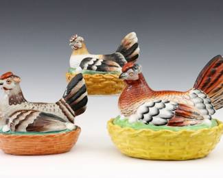 Three Staffordshire Hen on Nest boxes