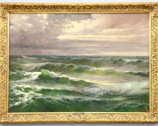 John Edmund Califano, Italian/American, 1862-1946.  An oil on canvas seascape depicting tumultuous waves in shades of Blue, Green, and Purple with White accents.  Signed "J. Califano" lower right.  Restretched with evidence of former tack holes along the left and right sides.  Canvas 42 x 30" high, in a Gilt wood frame with some wear and losses, 47 1/2 x 35 5/8" high overall. 