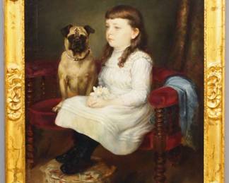J. C. Durand, British, late 19th/early 20th century.  Oil on canvas genre scene with a young girl and her Pug dog seated on a  Victorian era settee.  Signed and dated "J C Durand, 1890" lower left.  Cleaned and varnished, small repair at her knee.  Image 29 1/4 x 39 1/2", framed 361/2 x 46 1/2" high.  