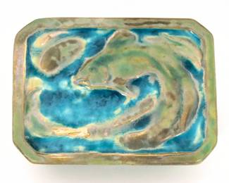 A mid 20th century Pewabic Art Pottery covered box.  Rectangular form with canted corners, featuring a relief Koi fish design at the lid and Iridescent glaze in mottled shades of Green and Blue.   Impressed "Pewabic PP Detroit" mark.  Minor wear, some crazing.  5 x 3 3/4 x 2" high overall.  