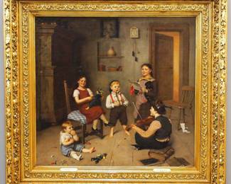 Rosa Hohenberg, German, born 1852.  Oil on canvas genre scene with young children playing in a 19th century interior.  Signed and annotated "R. Hohenberg, Munchen" lower right.  Light overall craquelure, older cleaning, canvas lined, minor frame damage.  Image 35 x 33", in a Period gilded frame 49 x 47" high overall.  