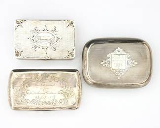 Three 19th to early 20th century Sterling Silver snuff boxes.  Rectangular forms in hinged lids and engraved decoration.  One with French Sterling hallmarks, one with unidentified Continental hallmarks and one unmarked, both tested Sterling.  7.31 troy ozs total.  Some surface wear and denting, two inscribed/monogrammed.  Up to 3 3/4" long.  NOTE: From the estate of Bill & Barbara Shulhof of Saginaw, Michigan.