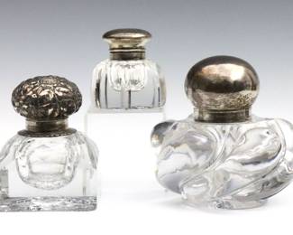 Three glass inkwells with Sterling Silver tops