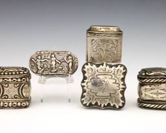 Five 19th to early 20th century Continental Silver snuff boxes.  Various forms with hinged lids and engraved or repousse decoration, includes four Dutch .803 Silver boxes, and one German .800 Silver box.  Each with Dutch hallmarks, German example marked "Germany" and tested .800 or higher.  4.73 troy ozs total.  Some surface wear and denting, one monogrammed.  Up to 1 3/4" high.   NOTE: From the estate of Bill & Barbara Shulhof of Saginaw, Michigan.