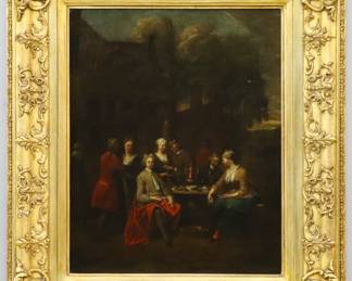 Jan Baptist Lambrechts, Flemish, 1860-1731.  An oil on canvas genre scene depicting an gregarious group of men and women gathered around a table drinking tea.  No apparent signature.  Image is dark and could benefit from professional cleaning, craquelure overall.  Canvas is 19 x 22 7/8" high, in a gilt and gesso wood frame with overall wear and some losses, 28 x 32 1/2" high overall.  ESTIMATE $1,000-2,000