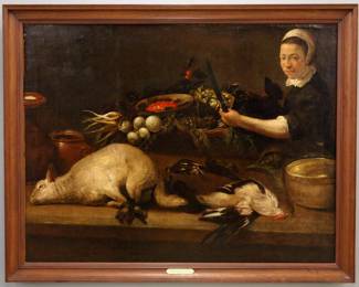 Circle of Pieter Cornelius van Rijck, Dutch, 1567-1637.  An early 17th century Dutch oil on canvas genre scene depicting a kitchen maid working a table with fruits, vegetables and game.  Unsigned, ca. 1600.  Light overall craquelure, canvas cleaned and lined.  Image 57 1/2 x 40 1/2" high, in a molded Walnut frame 58 3/4 x 46 1/2" overall.   Note: Former collection of Paul Delaroff, St. Petersburg with his wax seal verso dated 1914.