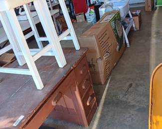 OLD DESK. BAR STOOLS, EGG CHAIR (NIB), CRADLE