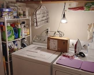 MAYTAG WASHER AND DRYER, IRON, CLEANING SUPPLIES, NEW STEAMER