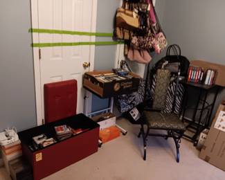 CD'S, NEW LUGGAGE, STORAGE TRUNK, MCM DINETTE CHAIR