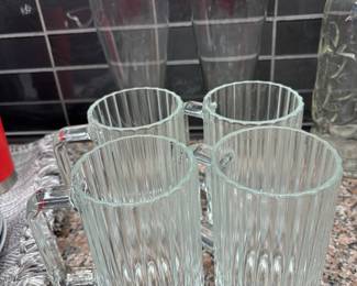 Set of 4 Clear Ribbed Glass Beer Steins