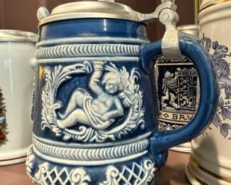 German Blue Stoneware Beer Stein with Pewter Lid