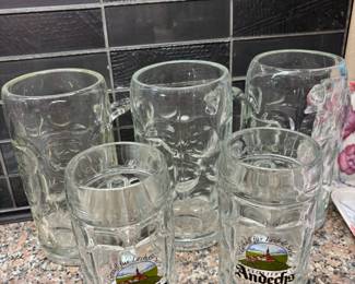 Set of 3 Anchor Hocking Tiki Men Beer Steins, Pair of Andechs Heavy Glass German Steins