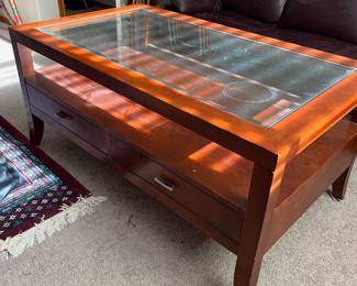 Transitional Style 2-Tier Double Drawer Glass Top Rectangular Coffee Table