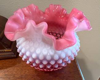 Cranberry Opalescent Hobnail Ruffled Vase