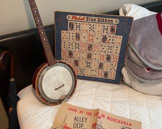 4-String Tenor Banjo, 1940s Pabst Blue Ribbon Beer Advertising Dart Board