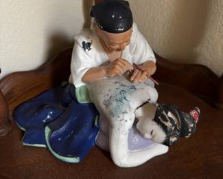 Vintage Hakata Urasaki Tattoo Artist and Geisha Figurine