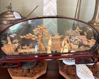 Vintage Chinese cork carving diorama behind glass.