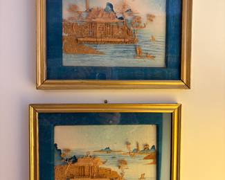 Framed carved cork scenes