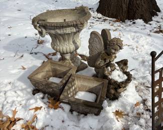 Huge Concrete Urn, Angel Holding Bunny Birdbath and 2 plant holders.