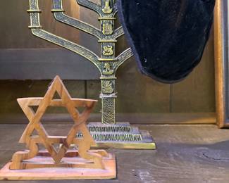 7 Branch Menorah and Kippah. Wood Star of David