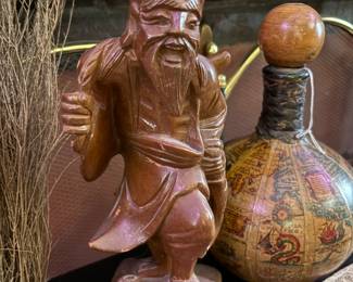 Vintage hand-carved Chinese wooden fisherman figurine