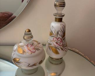 Vintage hand painted glass perfume bottle and decanter set