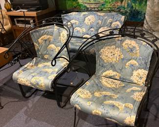 Patio furniture.  Loveseat and 2 chairs and cushions. Side table and Coffee Table