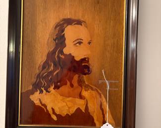Framed Inlaid Wood Picture of Jesus