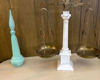 Vintage alabaster and Brass decorative balance scales of justice  