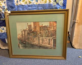 Vintage framed print of a Venetian canal scene.