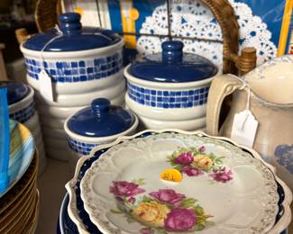 Cannisters, baskets, decorative plates, crocks