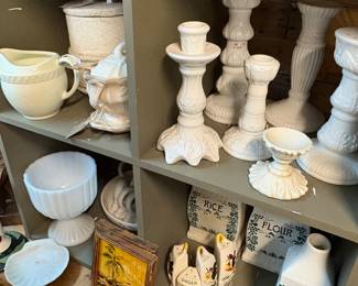 Milk glass candy holder, spice shakers, ceramic candle holders 