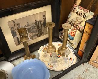 Delphi blue Bowl,  brass candle holders, cake plate