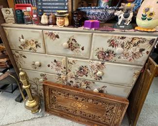 Carved Wood tray, Tall Brass Server