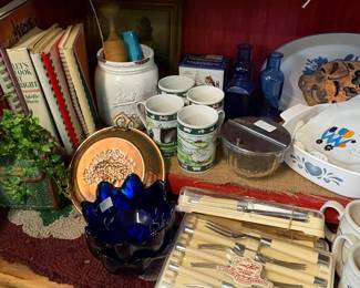 Hall knives and carving set, cobalt blue bo l, vintage syrup pitchers & sugar bowls