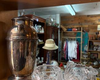 Silver plate Cocktail shaker, crystal creamer & sugar