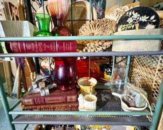 Leather books, Figural Planters, Ruby Glass
